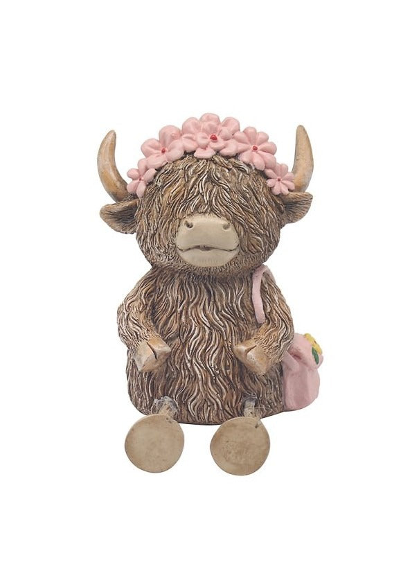The Highland Cow Money Bank With Pink Flowers And Bag