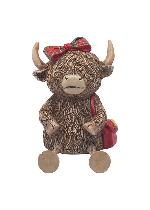 The Highland Cow Money Bank With Tartan Bow And Bag