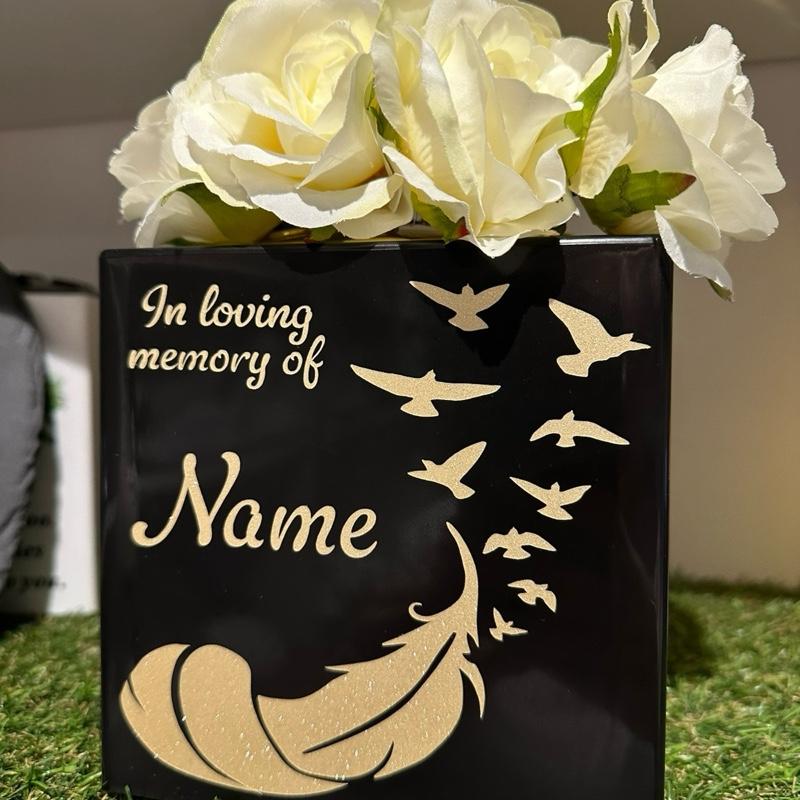 Personalised - feather dove glitter design black plastic weighted memorial flower vase