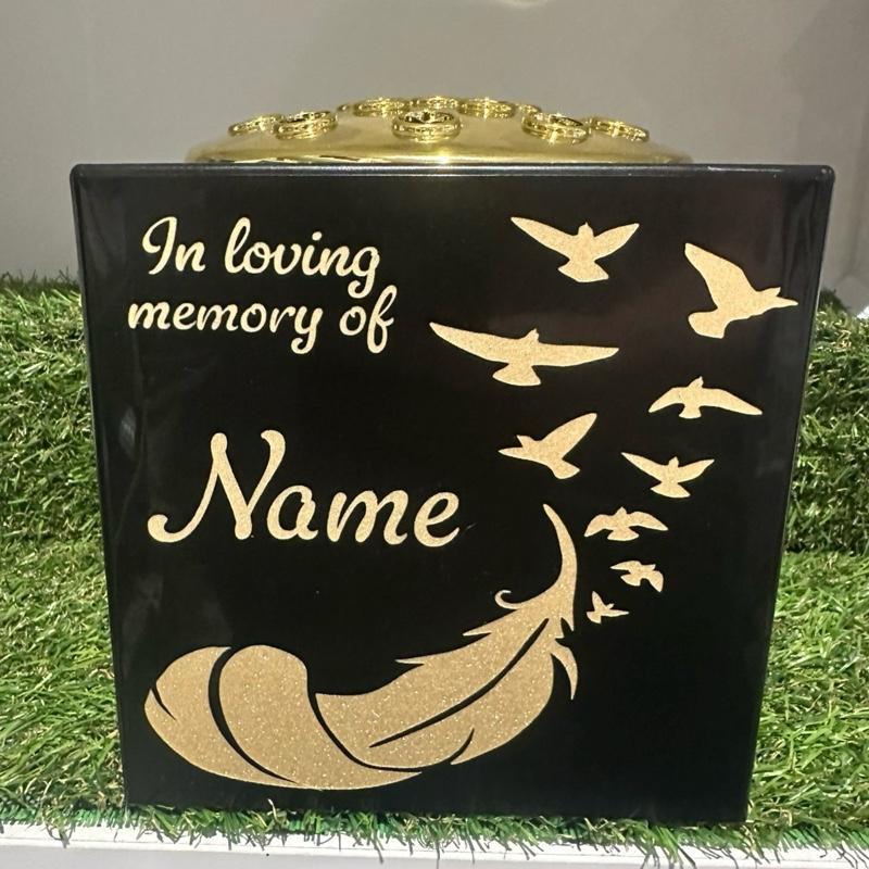 Personalised - feather dove glitter design black plastic weighted memorial flower vase