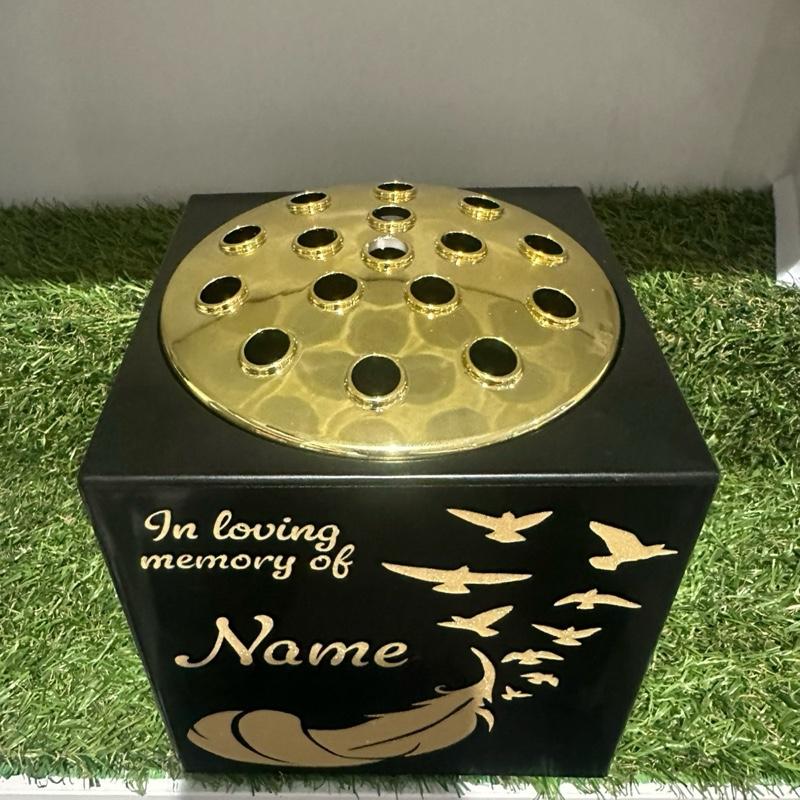 Personalised - feather dove glitter design black plastic weighted memorial flower vase